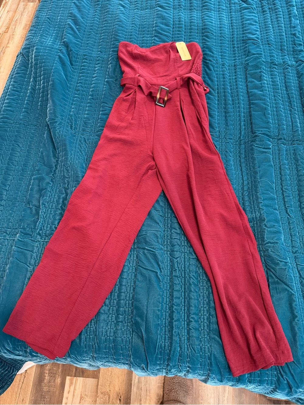 Maroon Strapless Belted Jumpsuit - Women